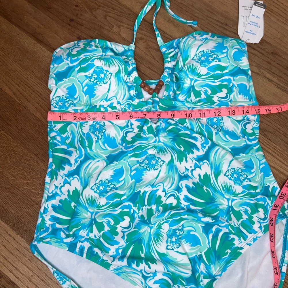 Time and Tru Blue Green Floral Halter One Piece Swimsuit XL‎ 16-18